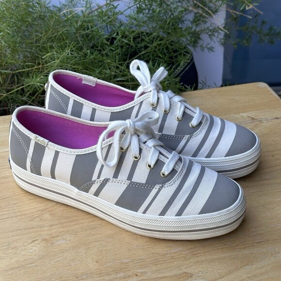 Keds Kate Spade Platform Triple Decker Women's Size 7.5 White Gray Striped Clean - Picture 3 of 12